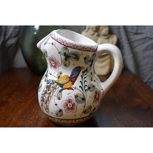 Hand Painted Portuguese Ceramic Pitcher Bird Floral Design Estrela de Conimbriga